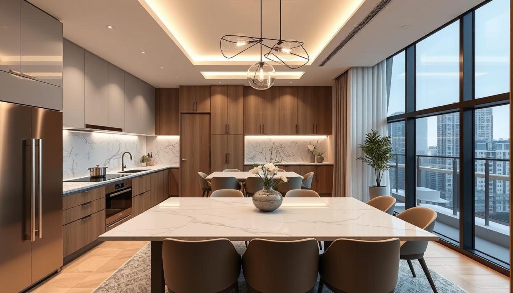 Phòng bếp và khu vực ăn uống căn hộ mẫu tại Newtown Diamond Đà Nẵng Phòng bếp và khu vực ăn uống căn hộ mẫu tại Newtown Diamond Đà Nẵng